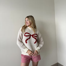 Load image into Gallery viewer, Ribbon Pullover Knit Sweater -Cream/Red
